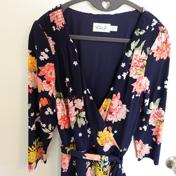 Eliza J Floral Faux Wrap Dress In Navy Wedding Guest Spring Summer Party Evening - Picture 4 of 11